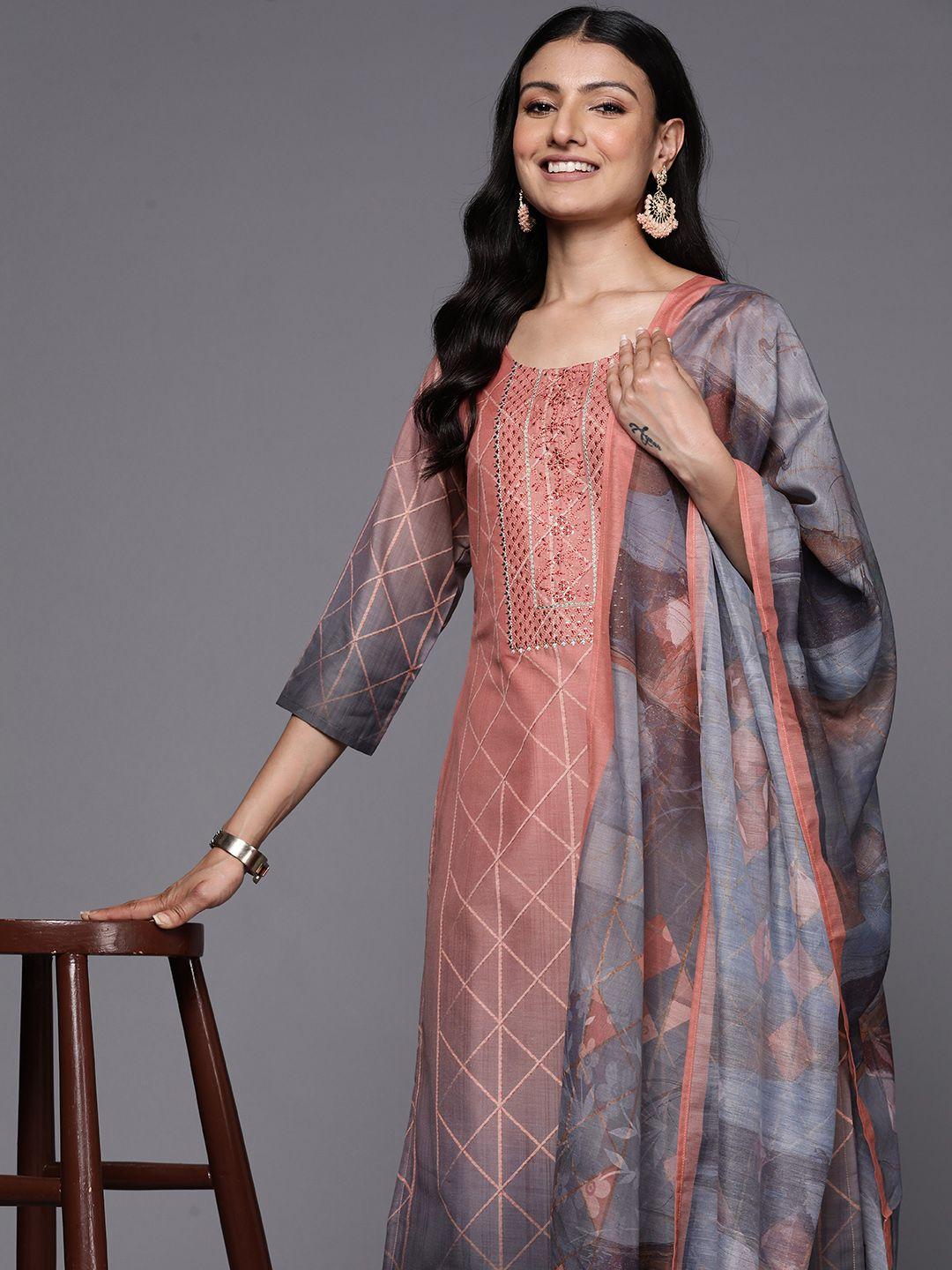 libas women peach-coloured floral yoke design thread work kurta with trousers & with dupatta