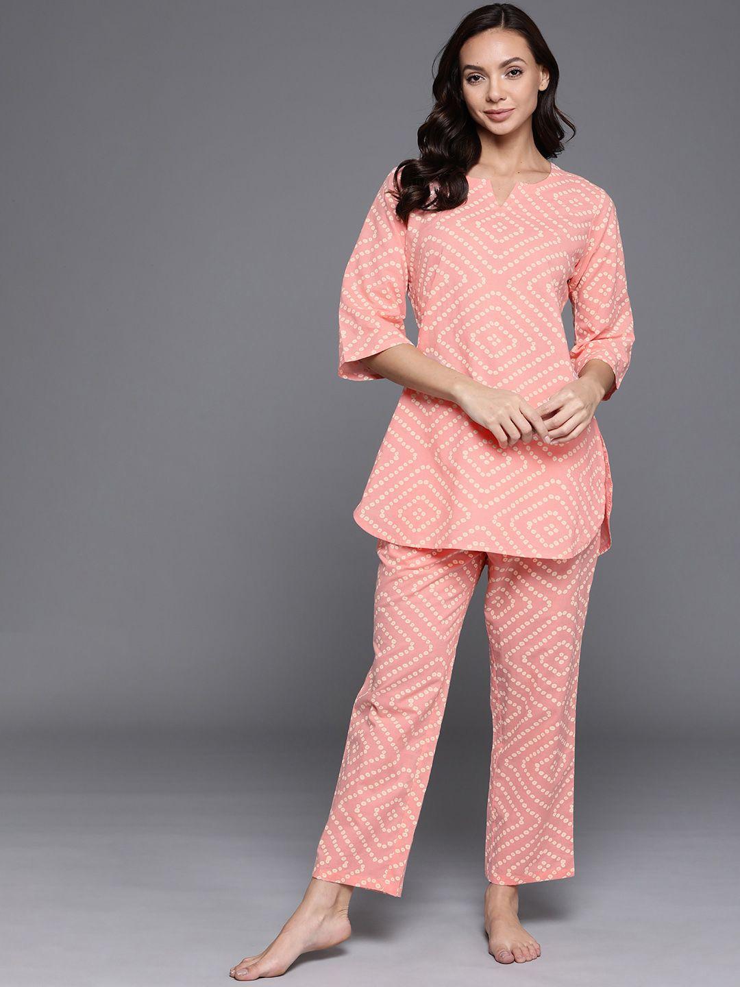 libas women peach-coloured printed cotton night suit