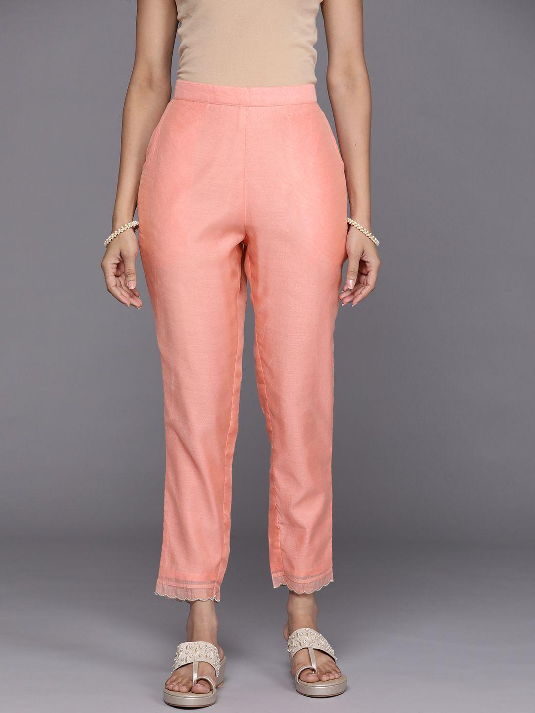 libas women peach-coloured solid trousers