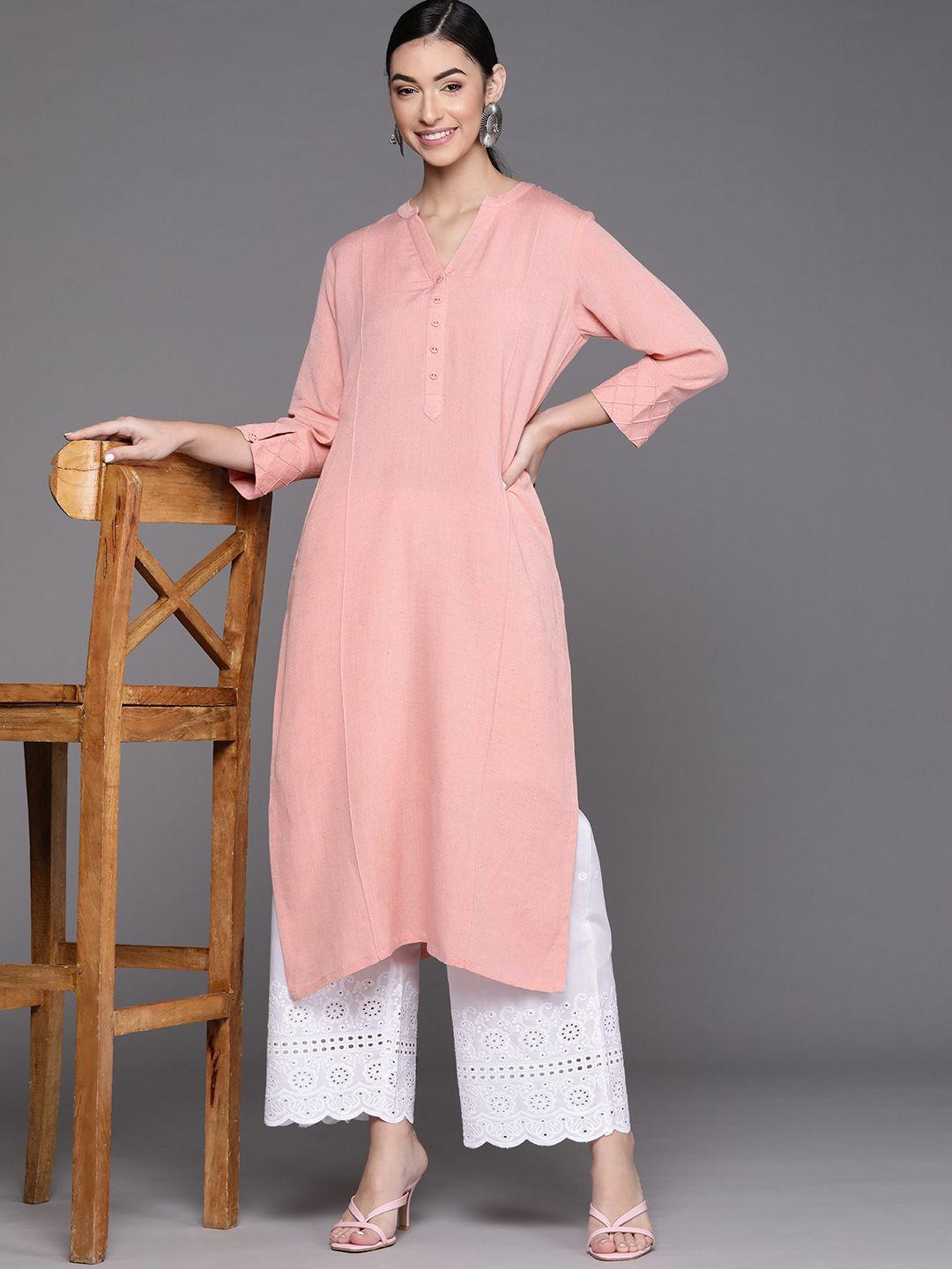 libas women peach pink solid mandarin collar cuffed sleeves pastels pure cotton kurta