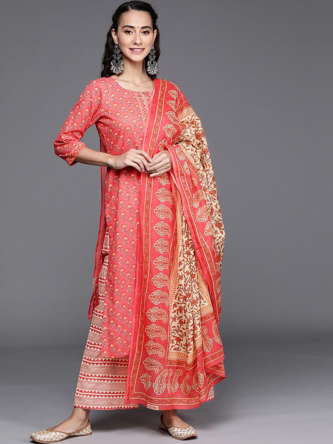 libas women pink & beige floral print straight cotton kurta with palazzos & dupatta