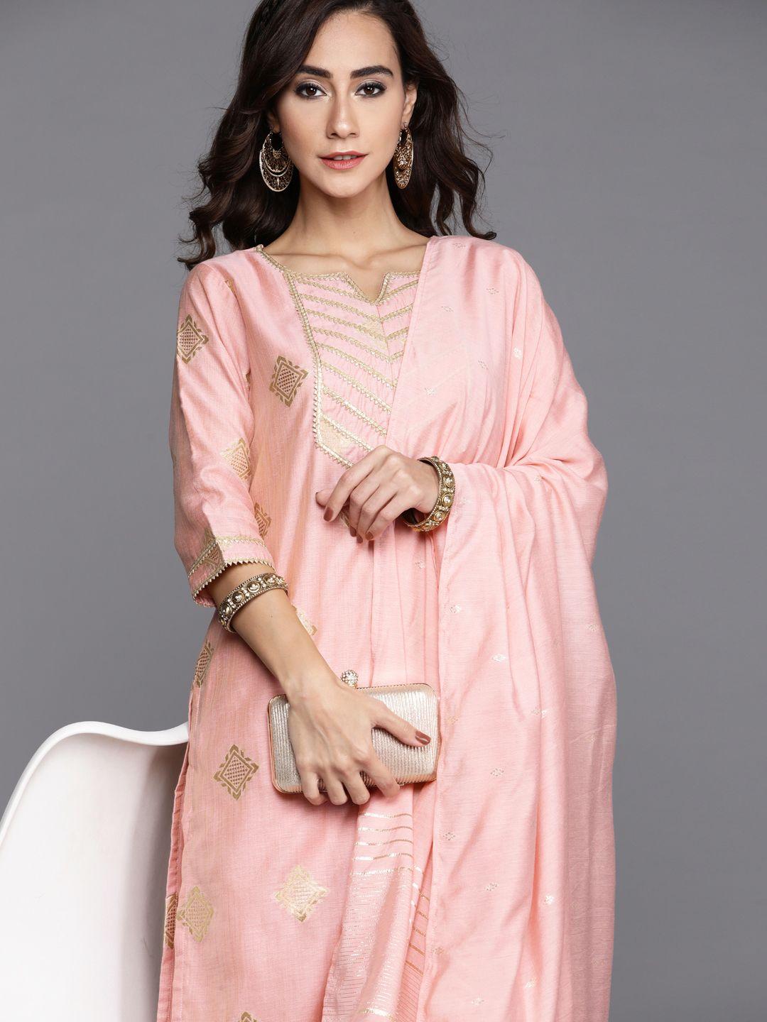 libas women pink & golden woven design straight kurta with palazzos & dupatta