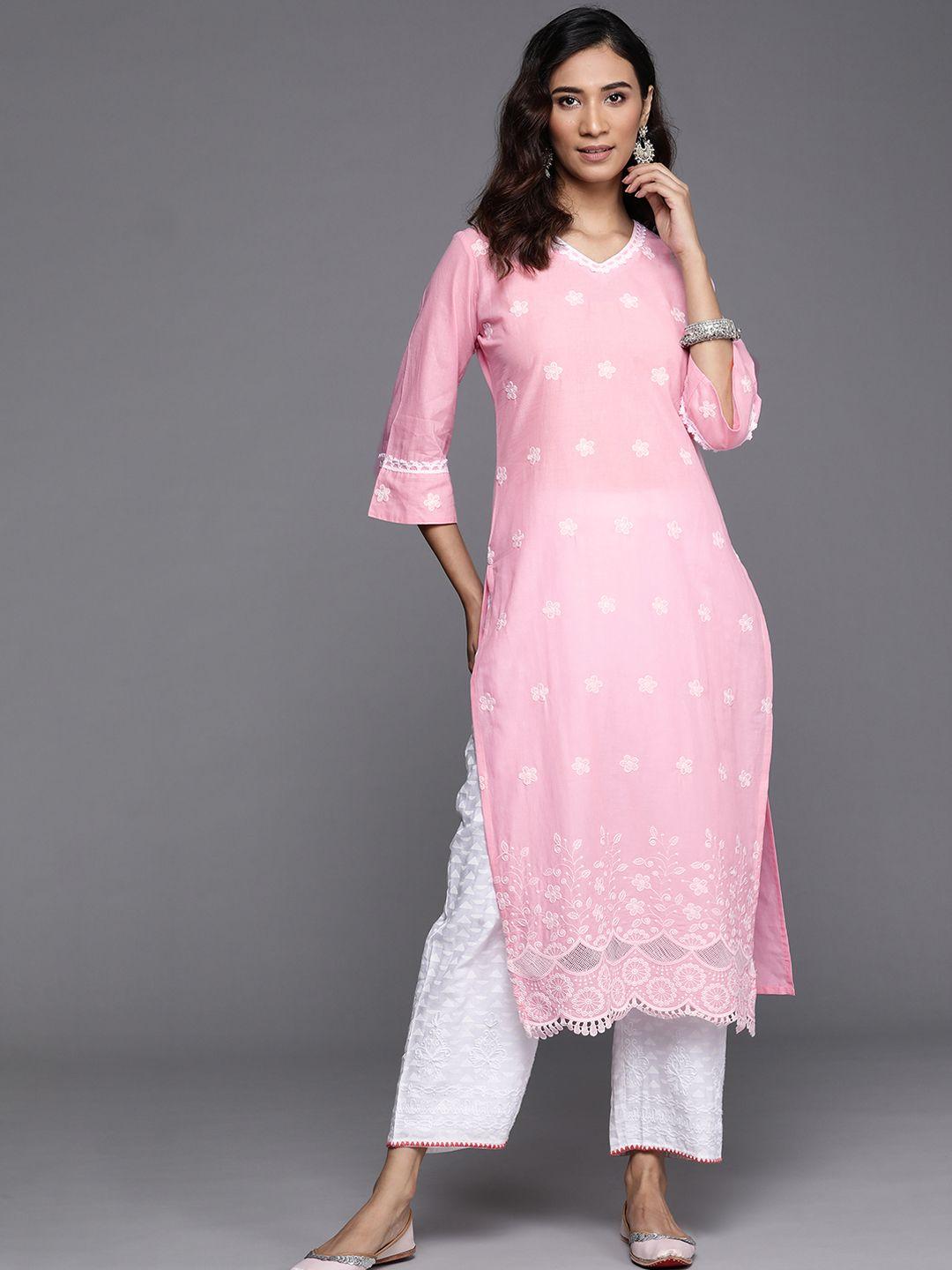 libas women pink & white ethnic motifs embroidered cotton straight kurta