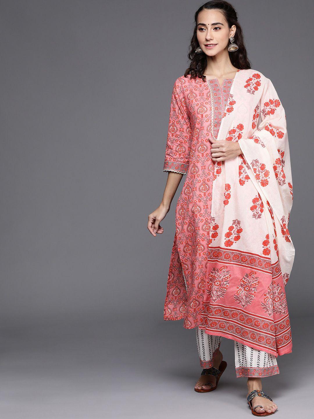 libas women pink & white ethnic motifs print cotton straight kurta with palazzos & dupatta