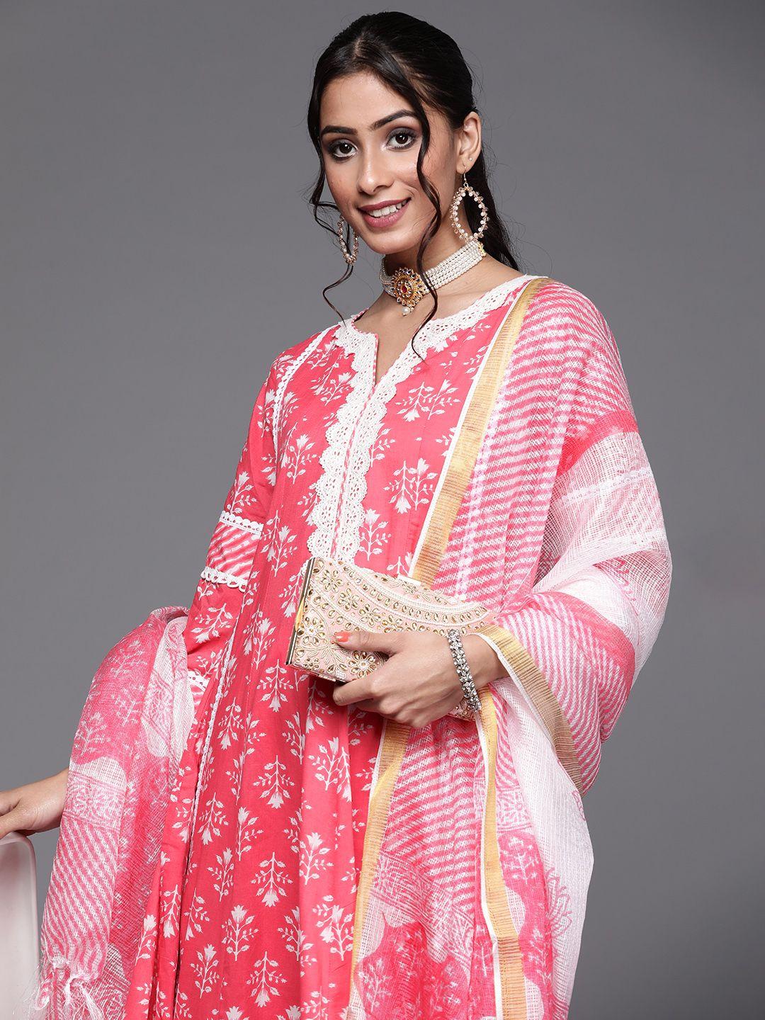 libas women pink & white floral print cotton a-line kurta with palazzos & with dupatta