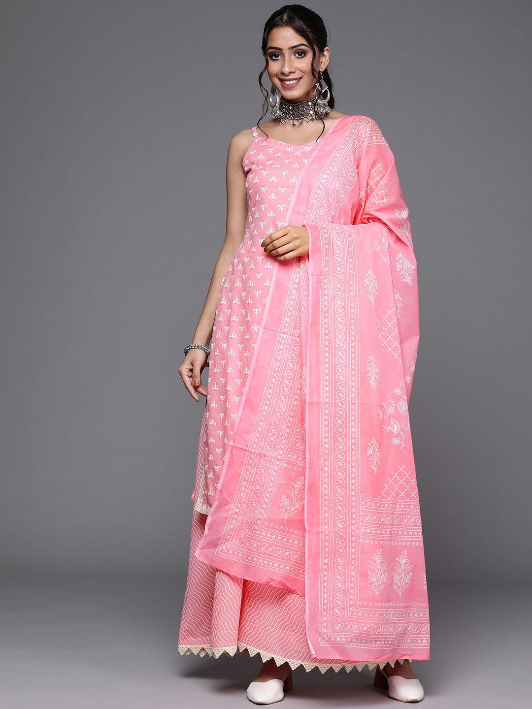 libas women pink & white floral printed cotton straight kurta with palazzos & with dupatta