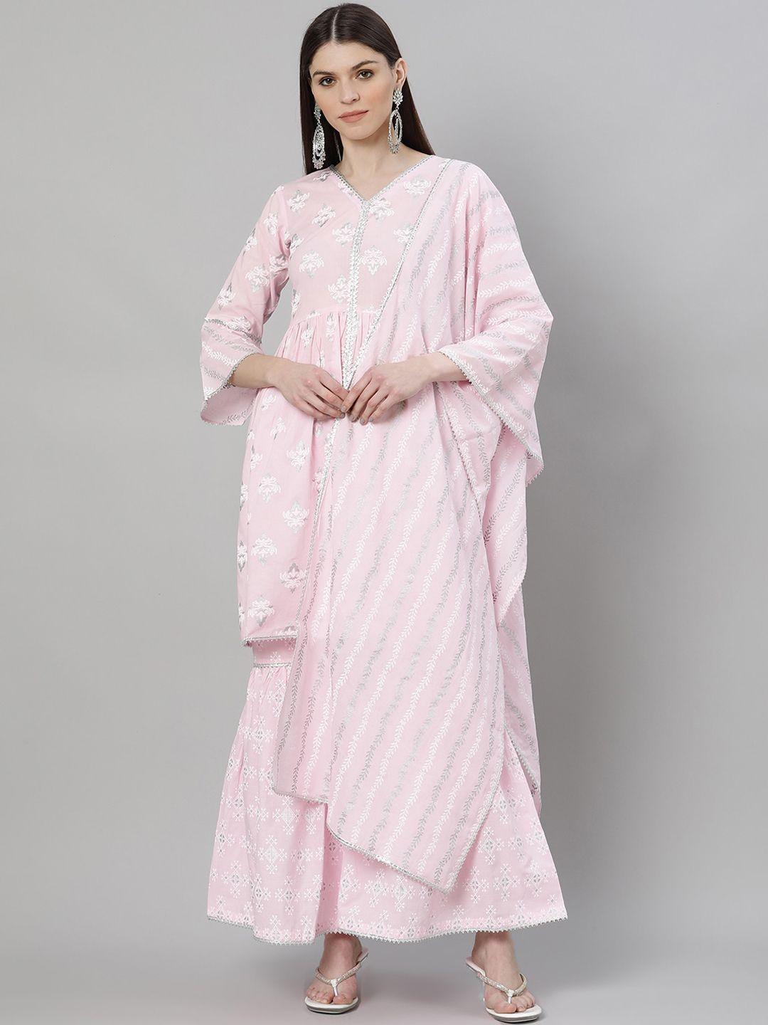 libas women pink & white printed pure cotton kurta with sharara