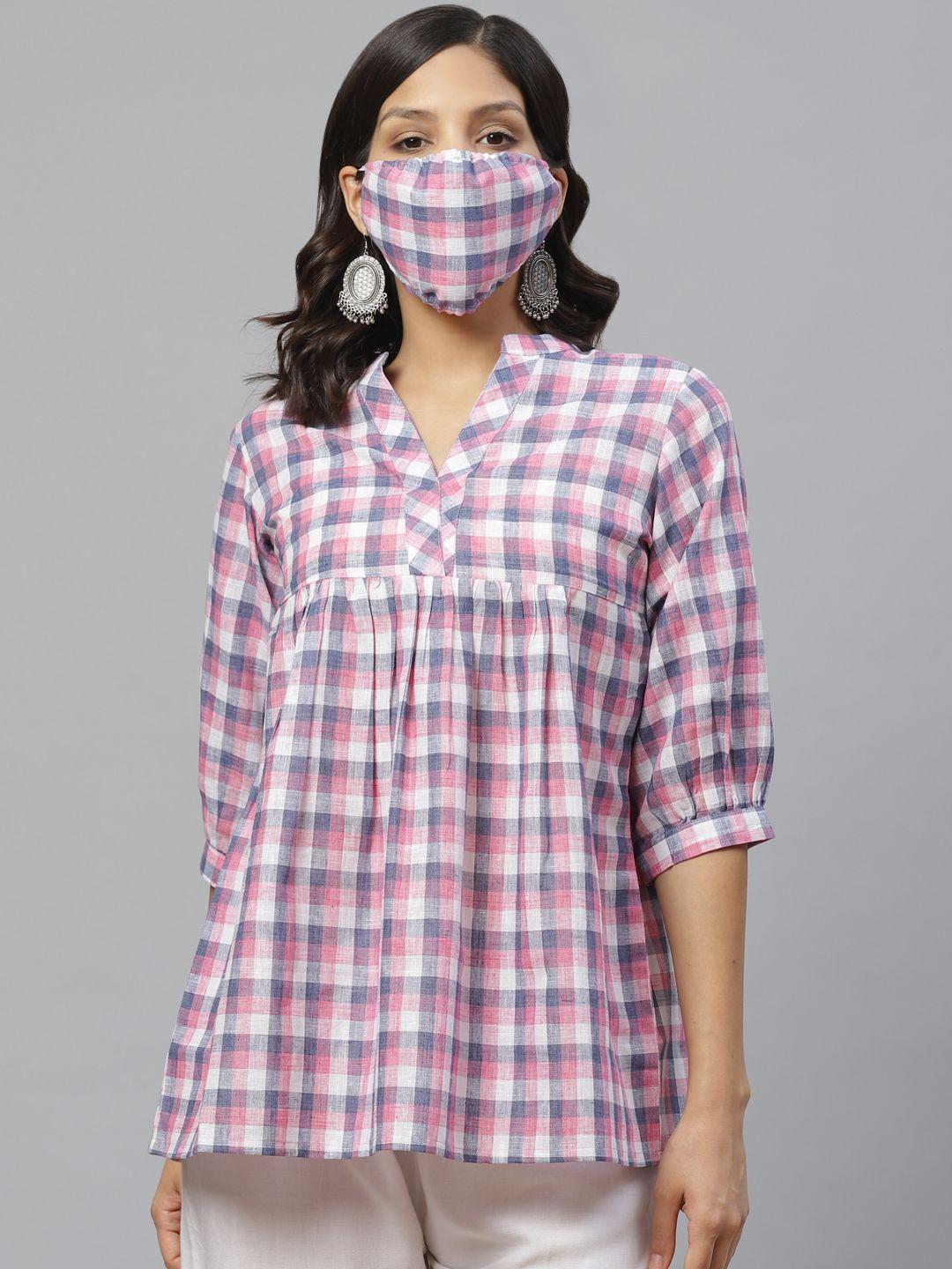 libas women pink  white checked a-line kurti