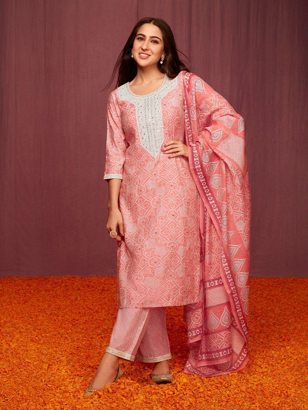 libas women pink bandhani printed mirror work lace detail kurta with trousers & dupatta