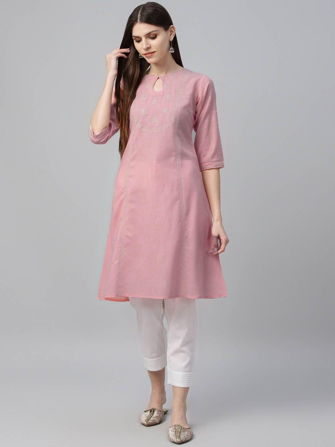 libas women pink embroidered a-line kurta