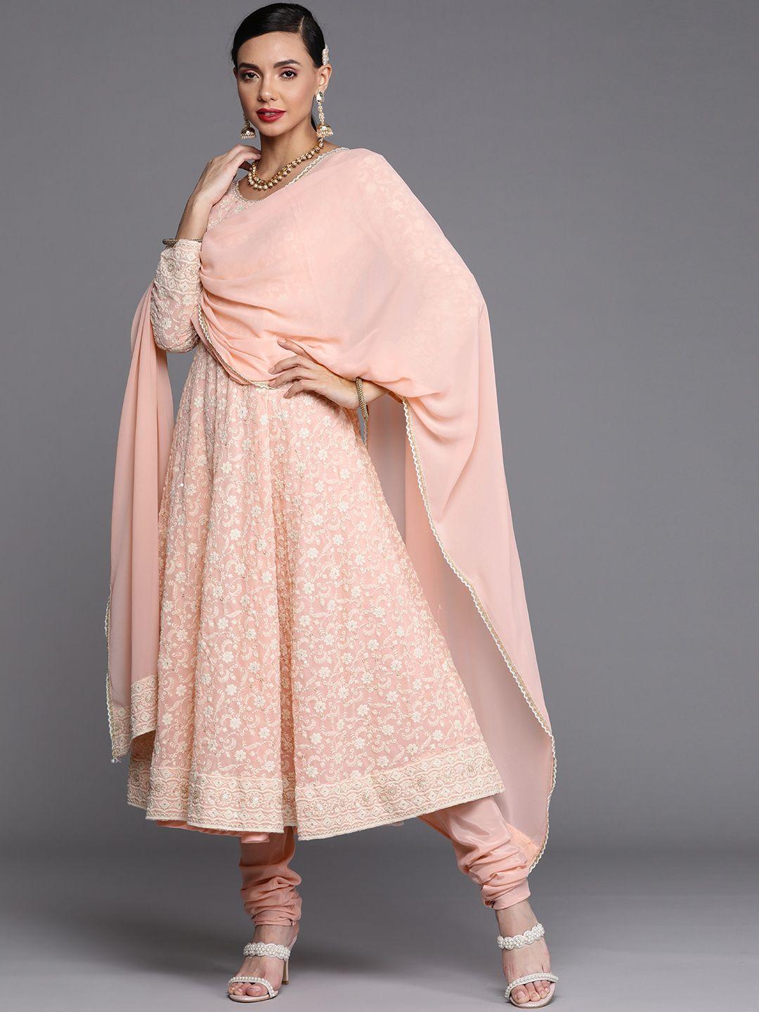 libas women pink floral embroidered panelled chikankari kurta with churidar & with dupatta