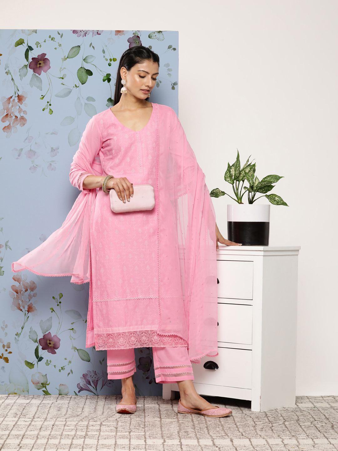 libas women pink floral embroidered thread work pure cotton kurta with trousers & with dupatta
