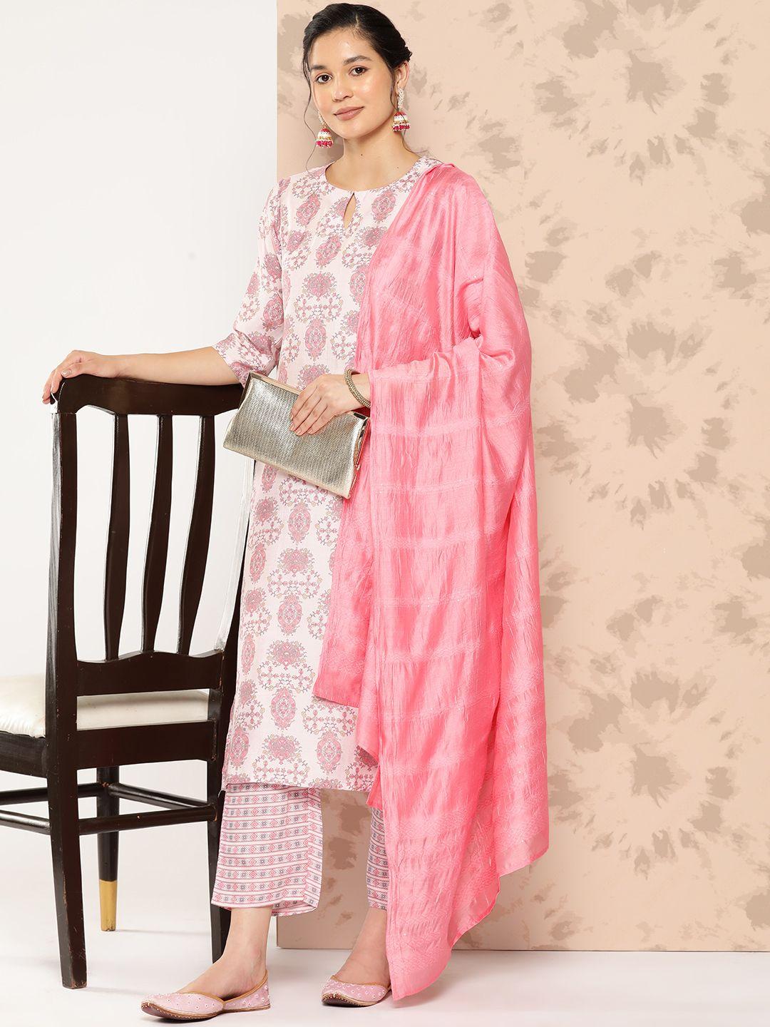 libas women pink floral printed kurta with trousers & dupatta