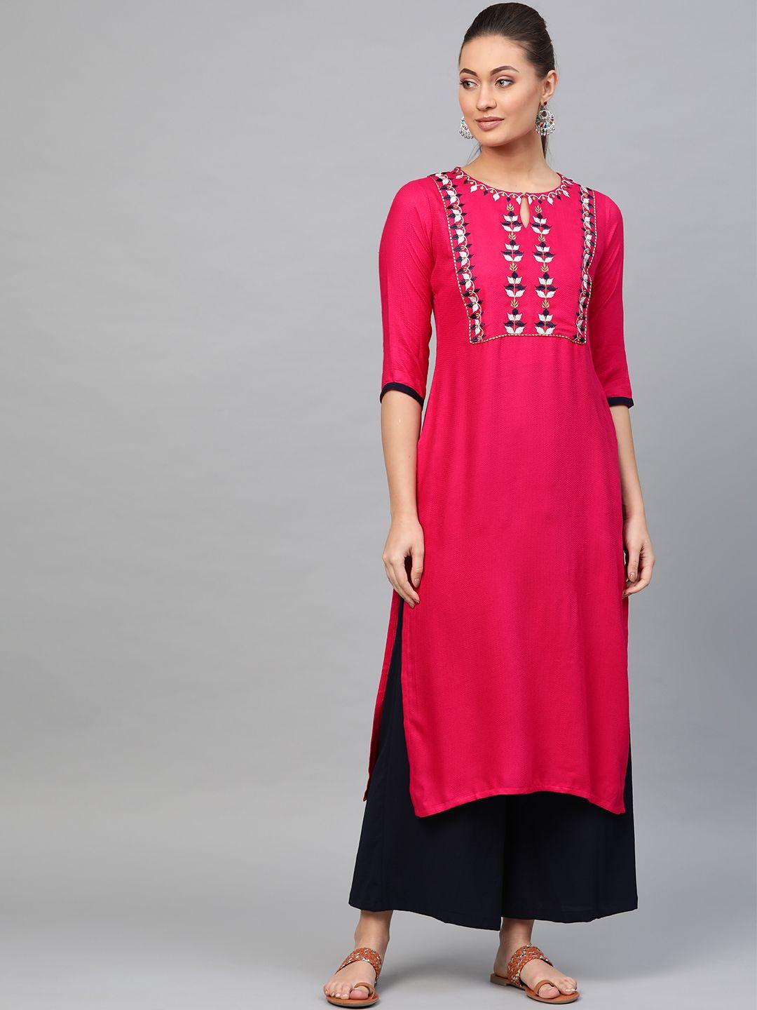 libas women pink yoke design straight kurta