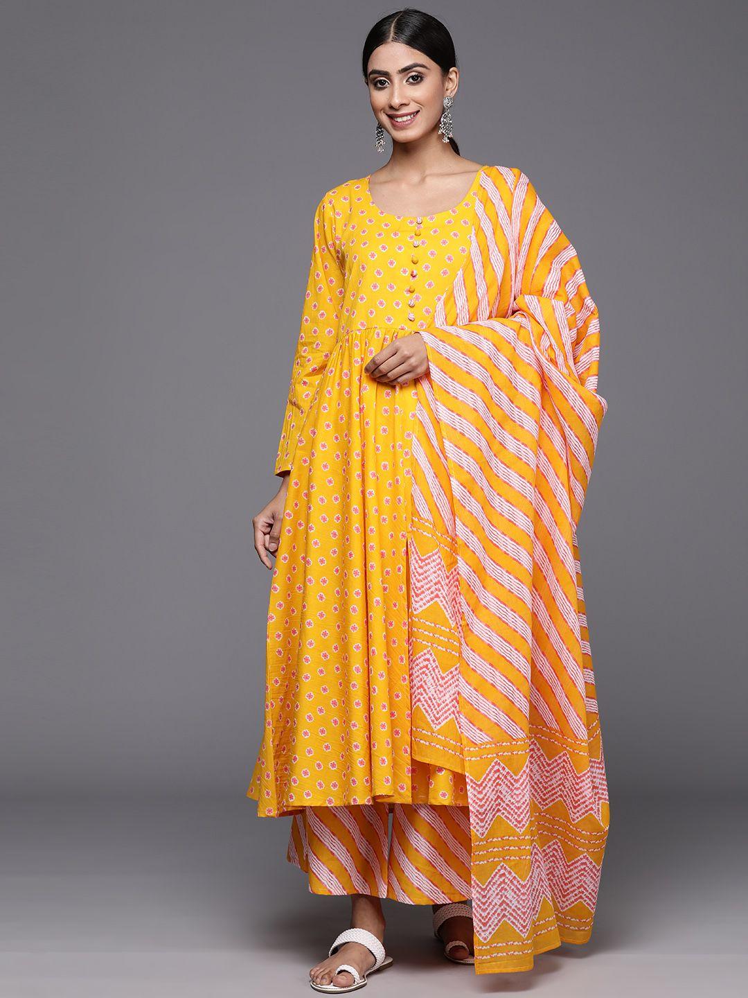 libas women printed regular pure cotton kurta with palazzos & with dupatta