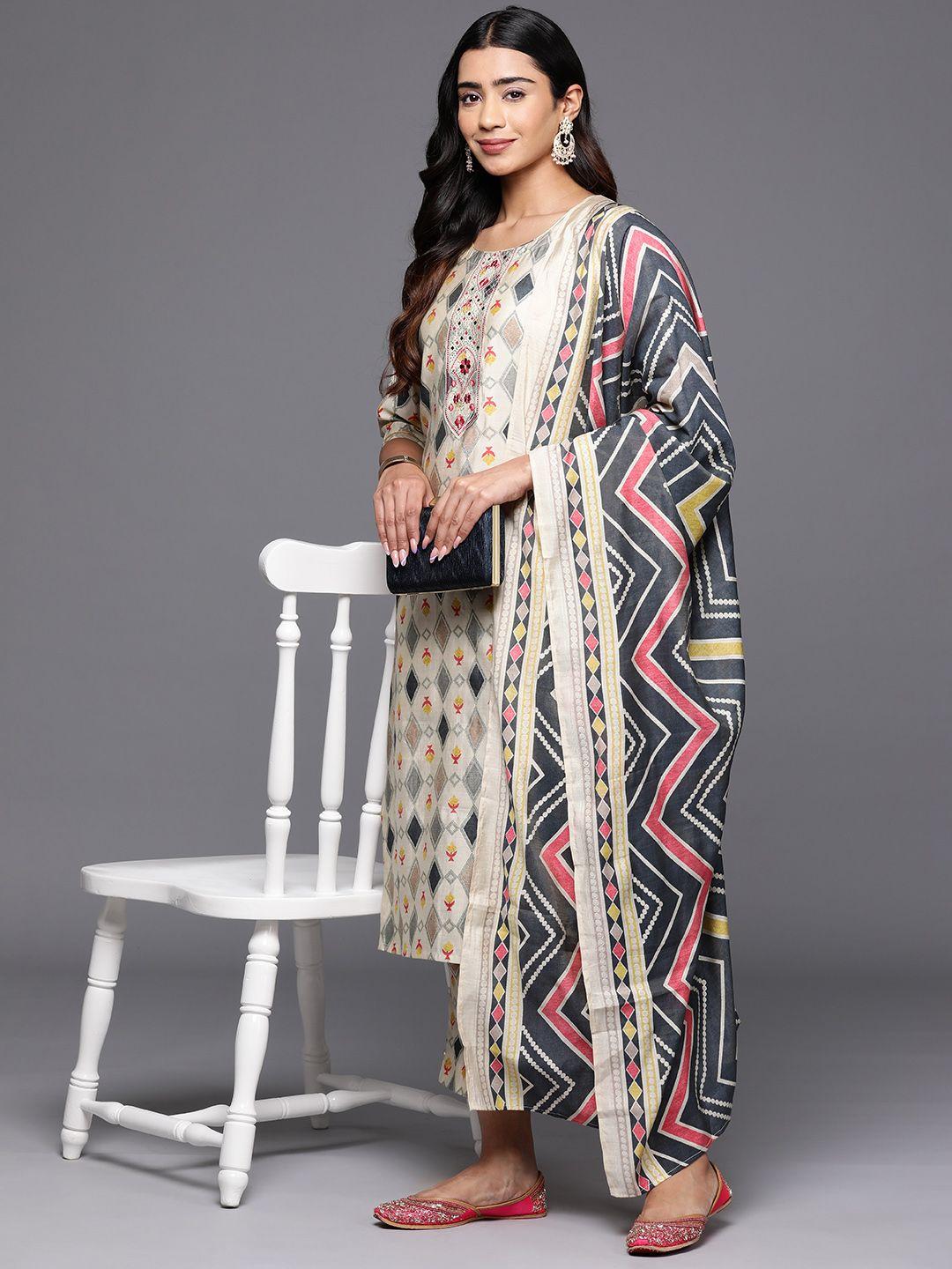 libas women printed regular sequinned kurta with trousers & dupatta