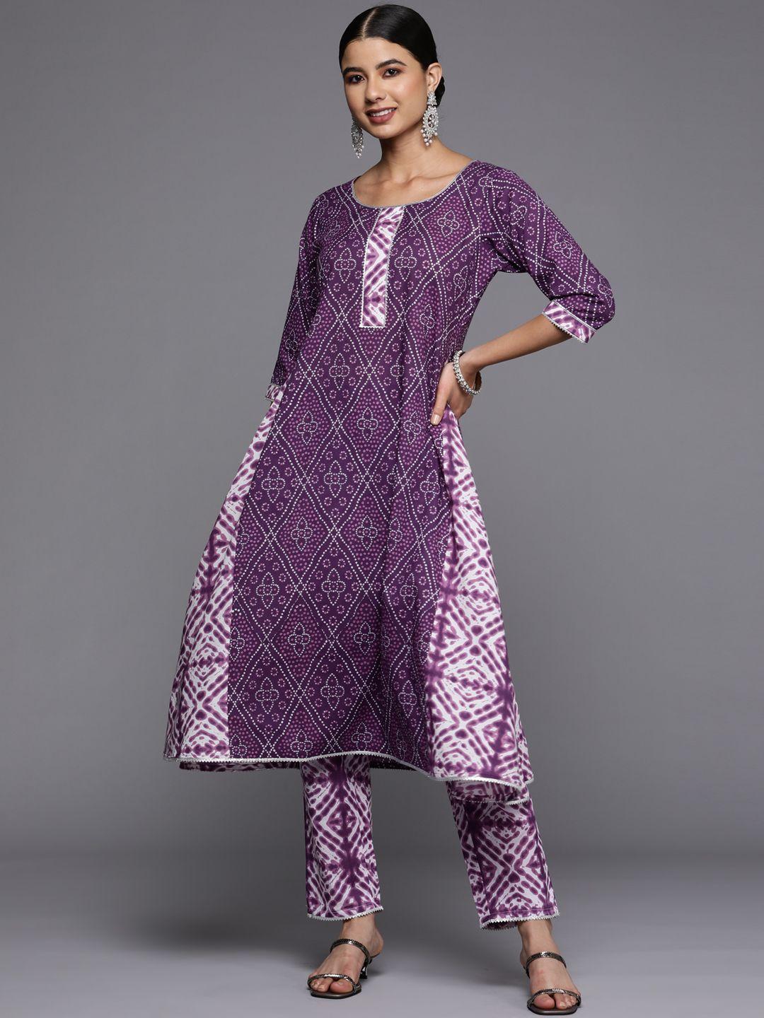 libas women purple & white bandhani printed gotta patti cotton kurta