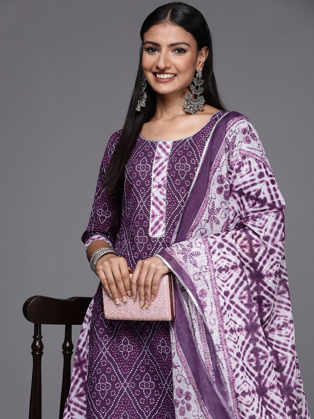 libas women purple bandhani printed pure cotton kurta with trousers & with dupatta