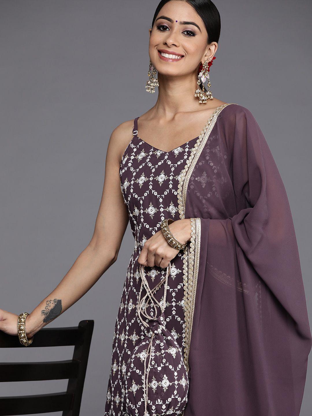 libas women purple ethnic motifs embroidered thread work kurta with skirt  dupatta & potli