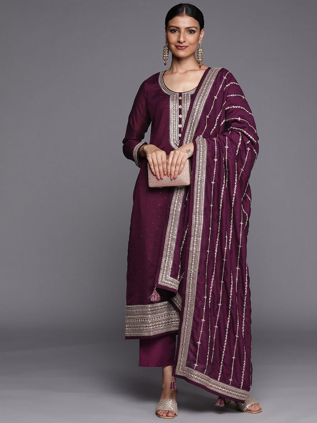 libas women purple ethnic motifs yoke design kurta with trousers & with dupatta