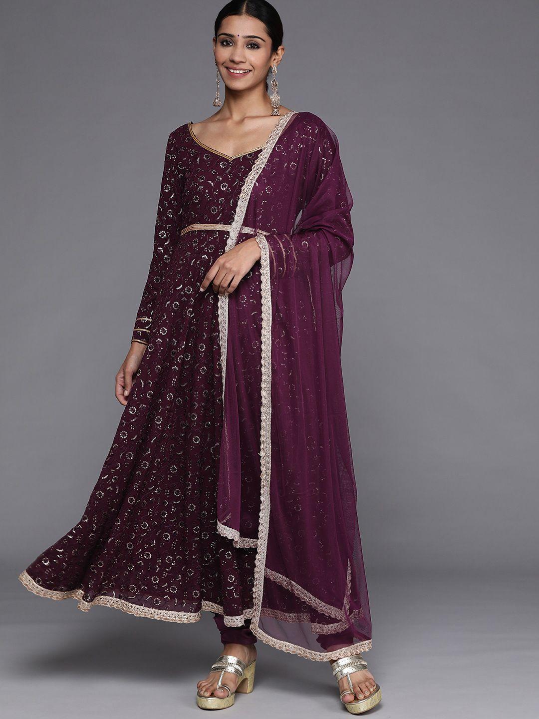 libas women purple floral embroidered anarkali kurta with churidar & with dupatta