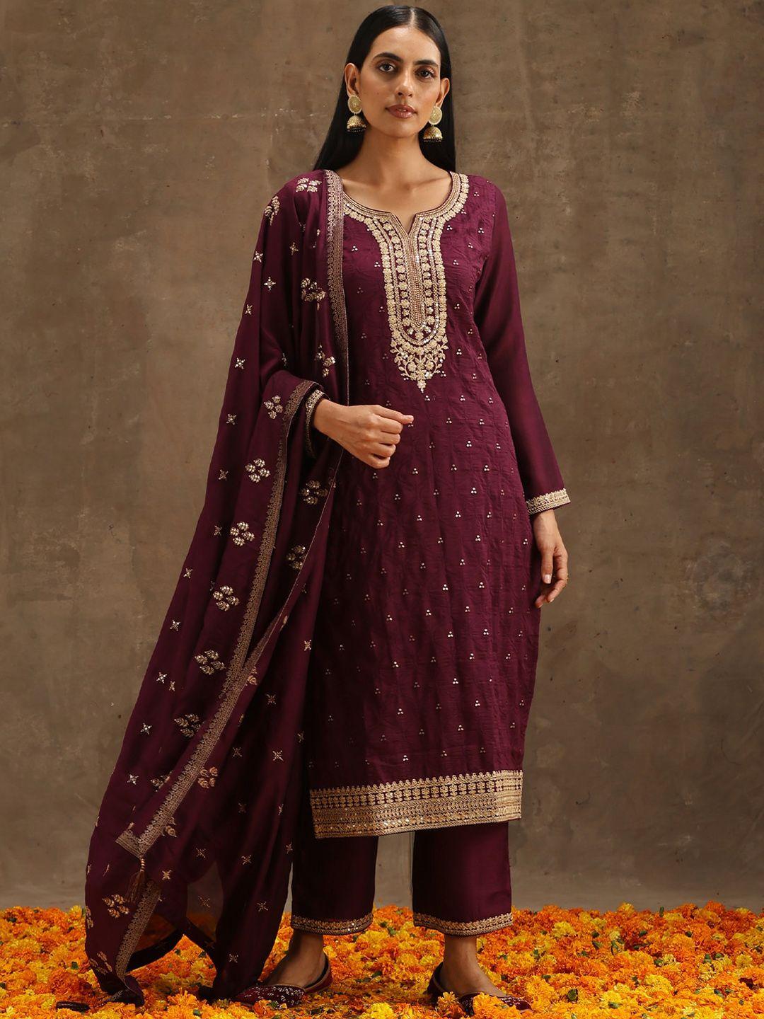 libas women purple floral embroidered regular kurta with trousers & with dupatta