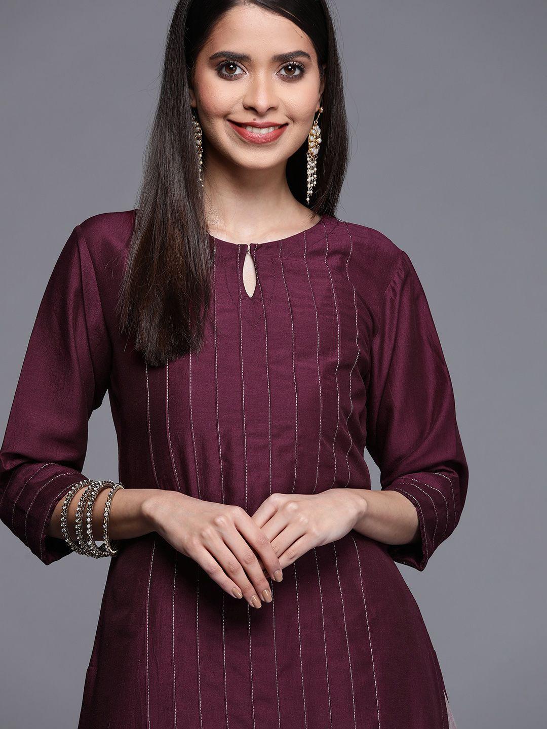 libas women purple pintucks detail keyhole neck straight kurta