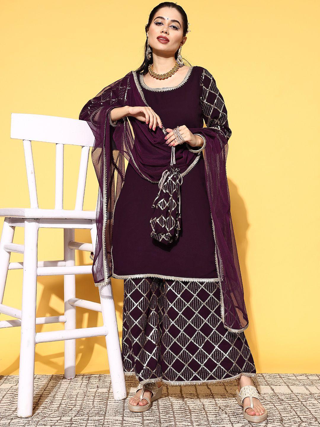 libas women purple poly georgette ethereal embroidery kurta set with potli