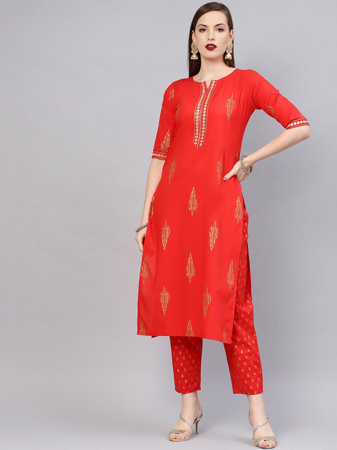 libas women red & gold-tone printed pure cotton kurta with trousers