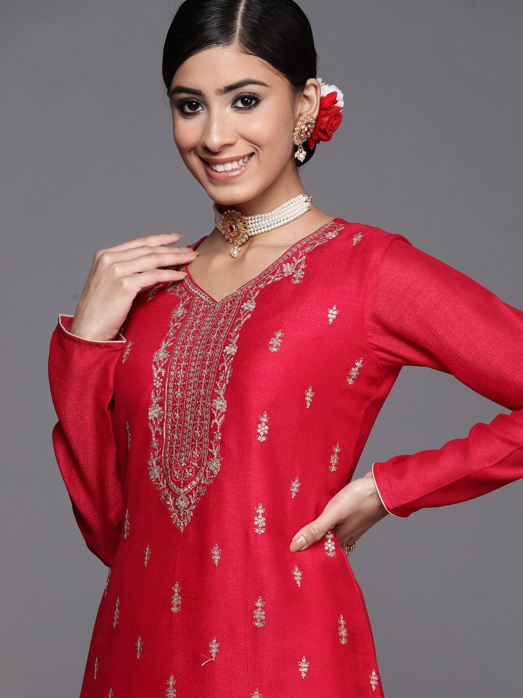 libas women red & gold-toned ethnic motifs embroidered kurta