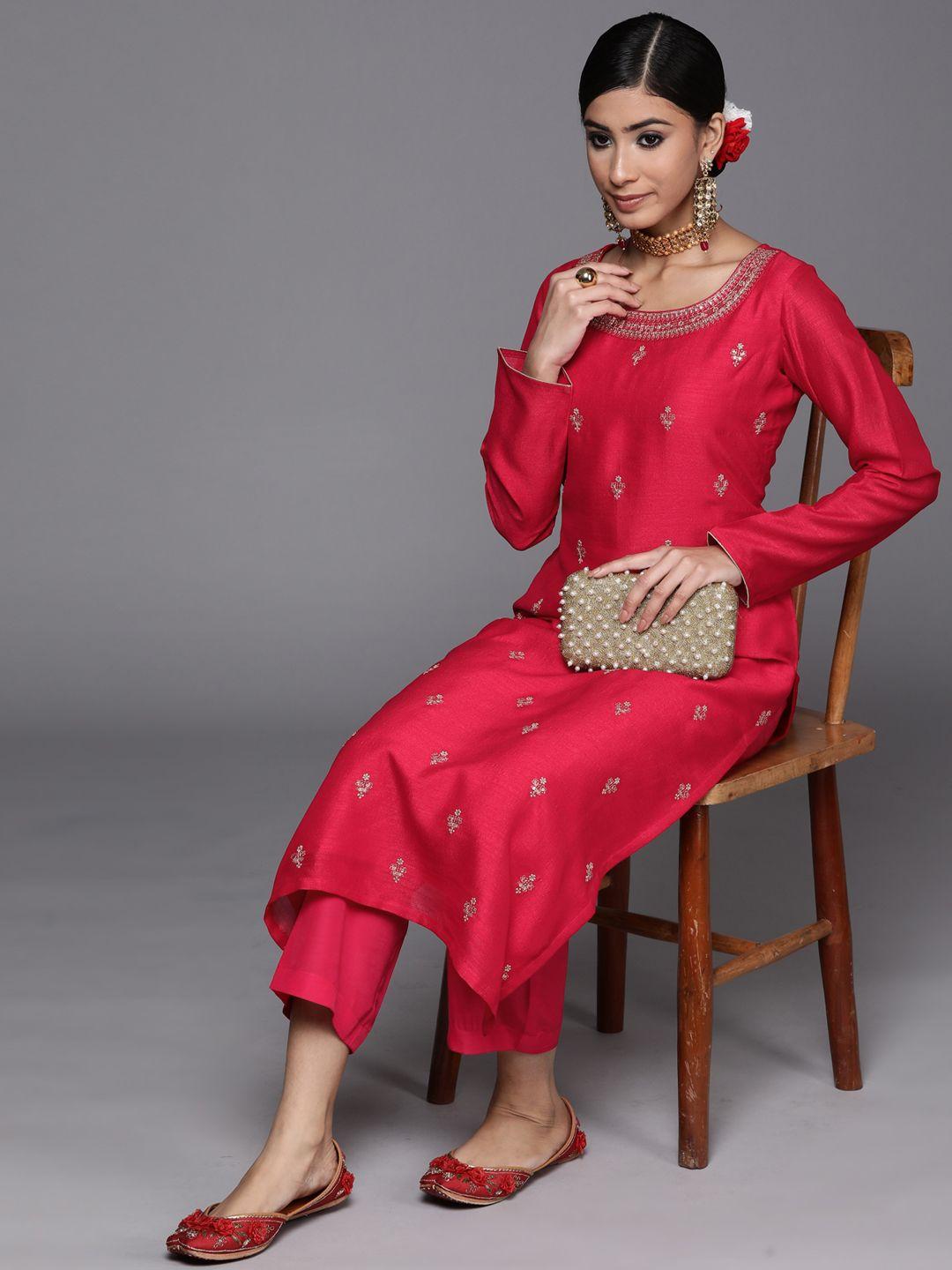 libas women red & golden floral motifs embroidered kurta