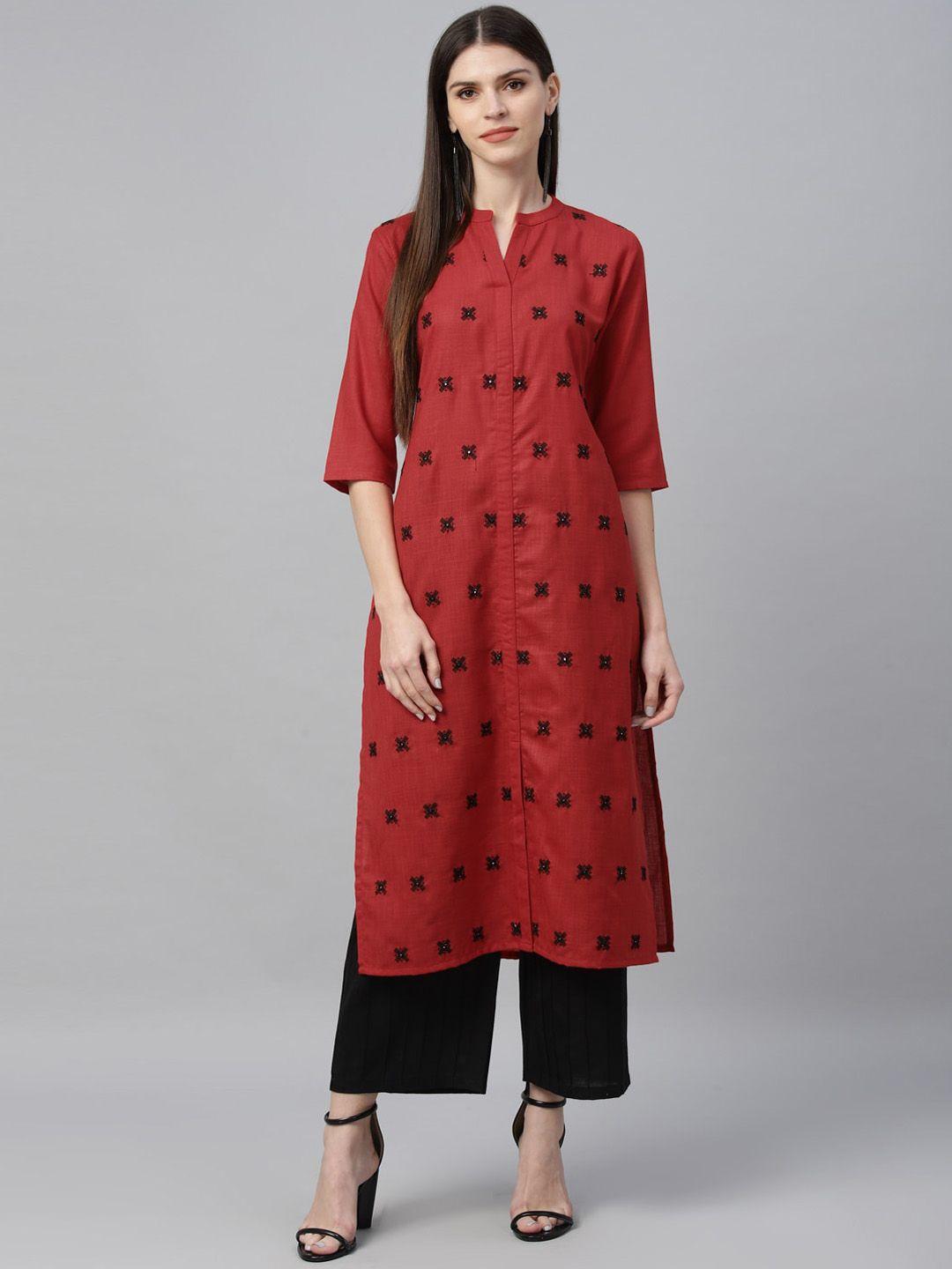 libas women red embroidered a-line kurta