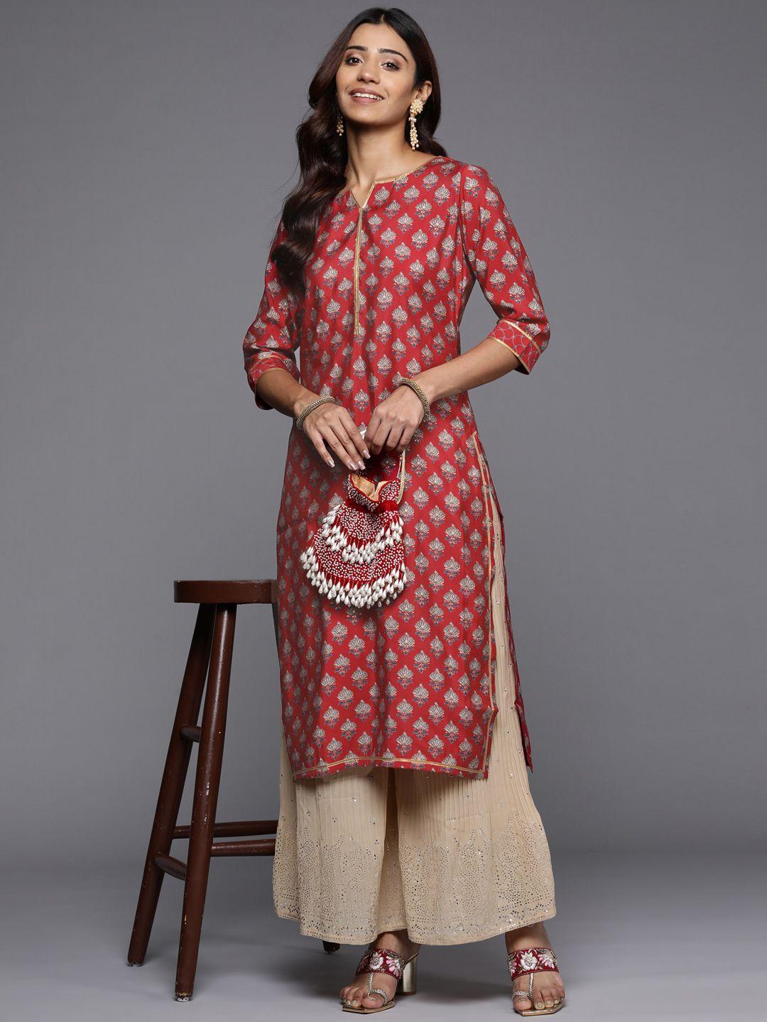 libas women red ethnic motifs printed gotta patti kurta