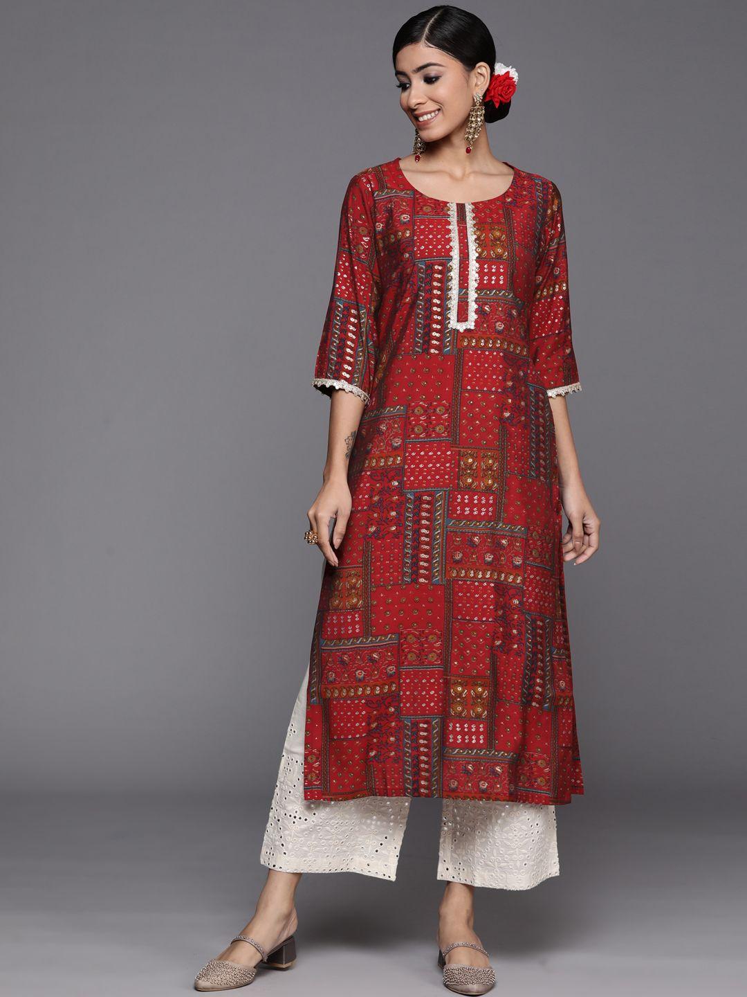 libas women red floral printed silk kurta