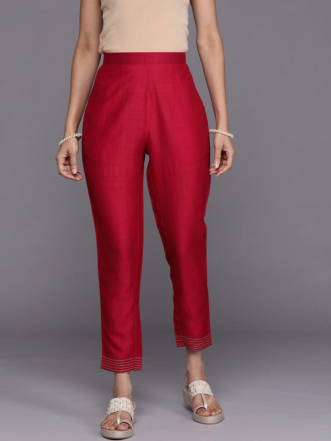 libas women red solid trousers