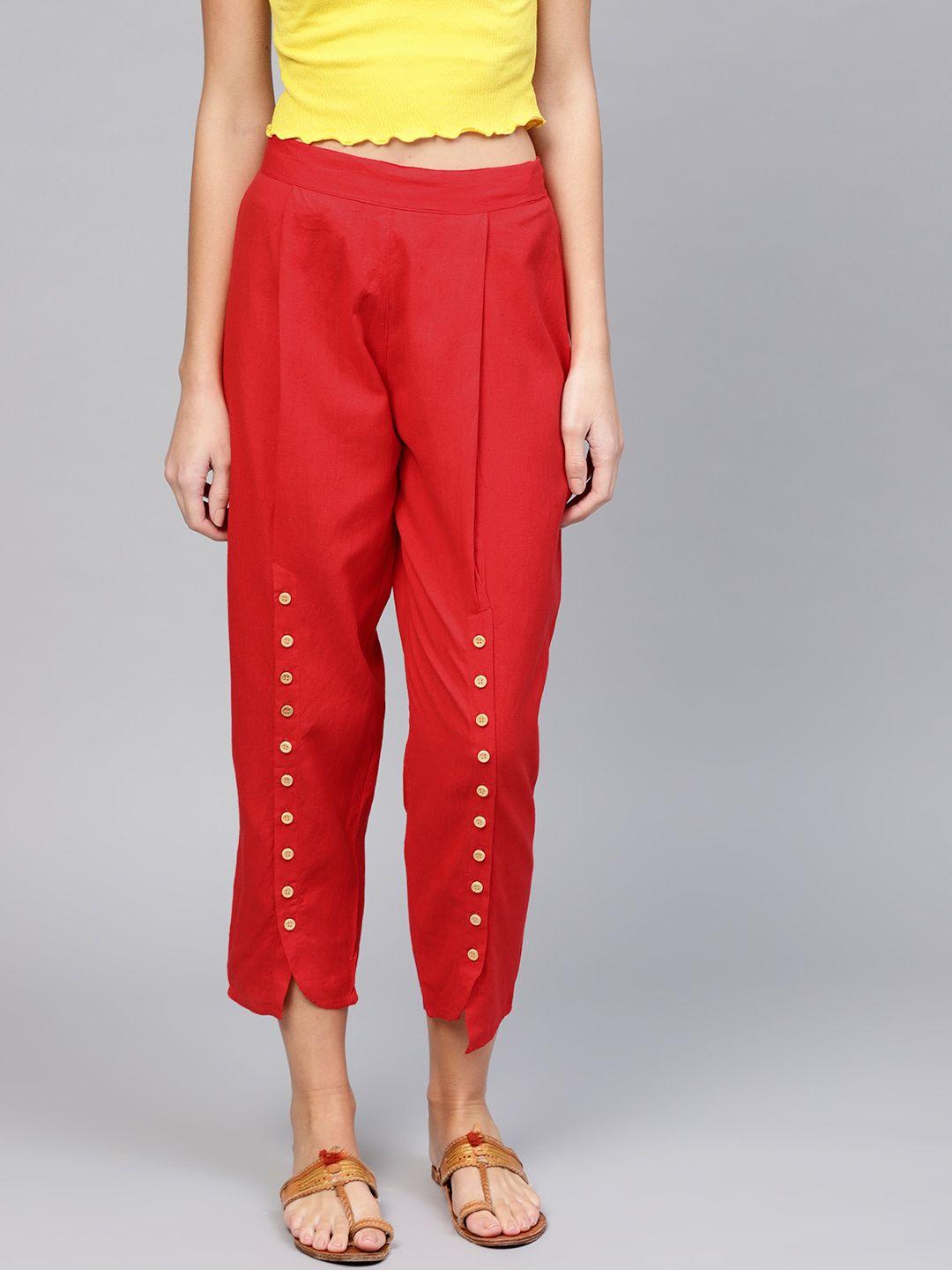 libas women red straight fit solid cropped trousers