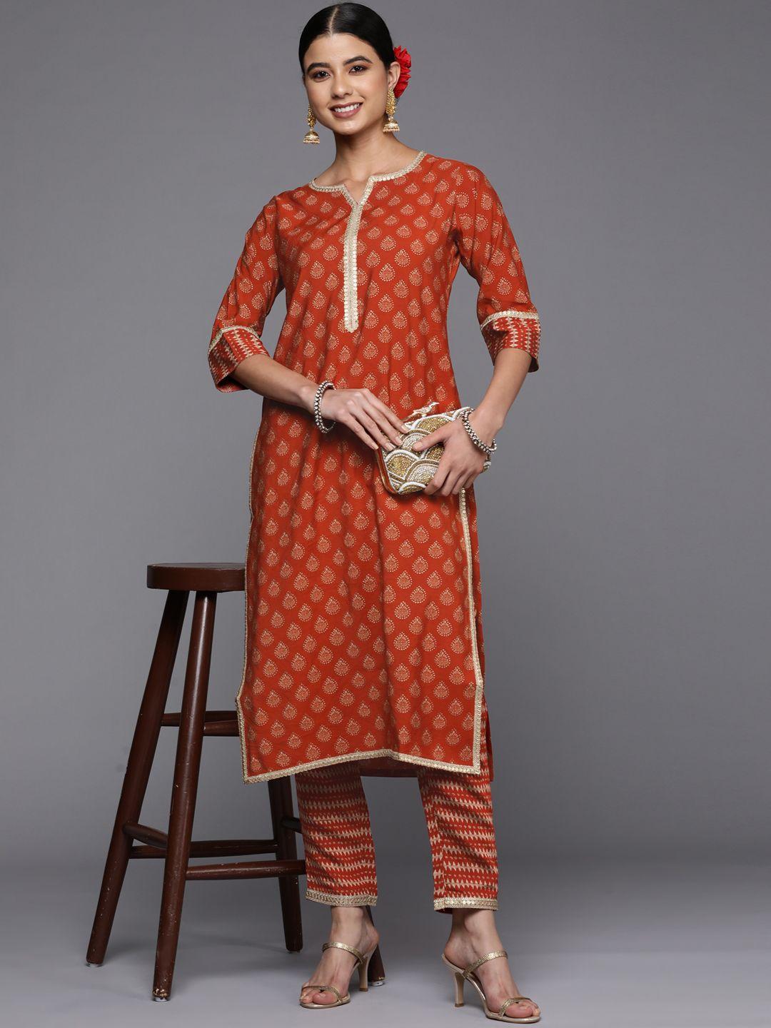 libas women rust red & golden ethnic motifs printed kurta