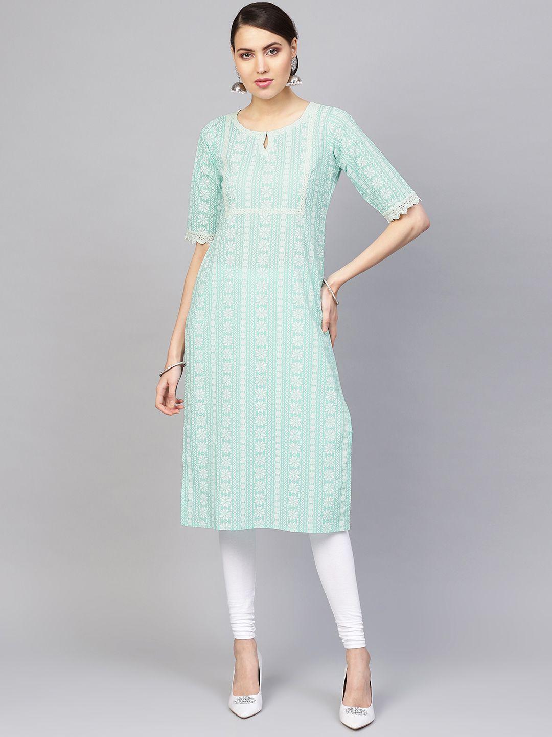 libas women sea green & white block print straight kurta