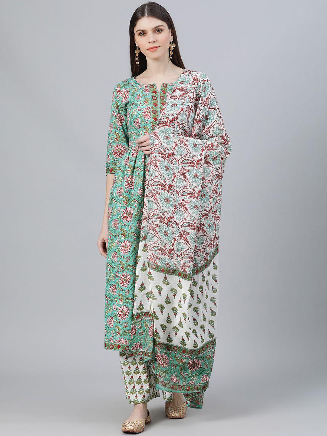 libas women sea green & white floral printed regular a-line pure cotton kurta & palazzos