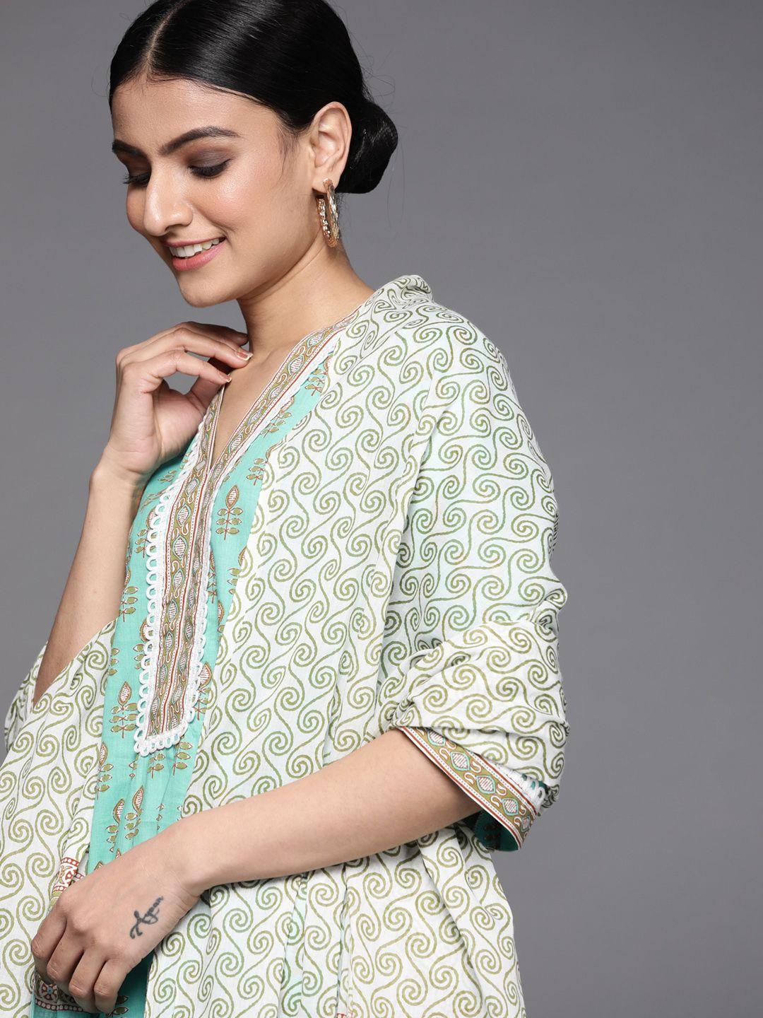 libas women sea green & white pure cotton floral motifs printed kurta set & dupatta