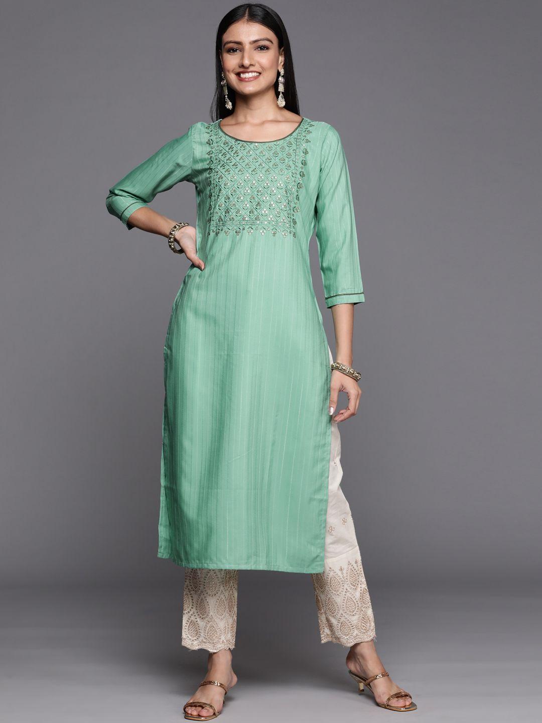 libas women sea green ethnic motifs embroidered kurta