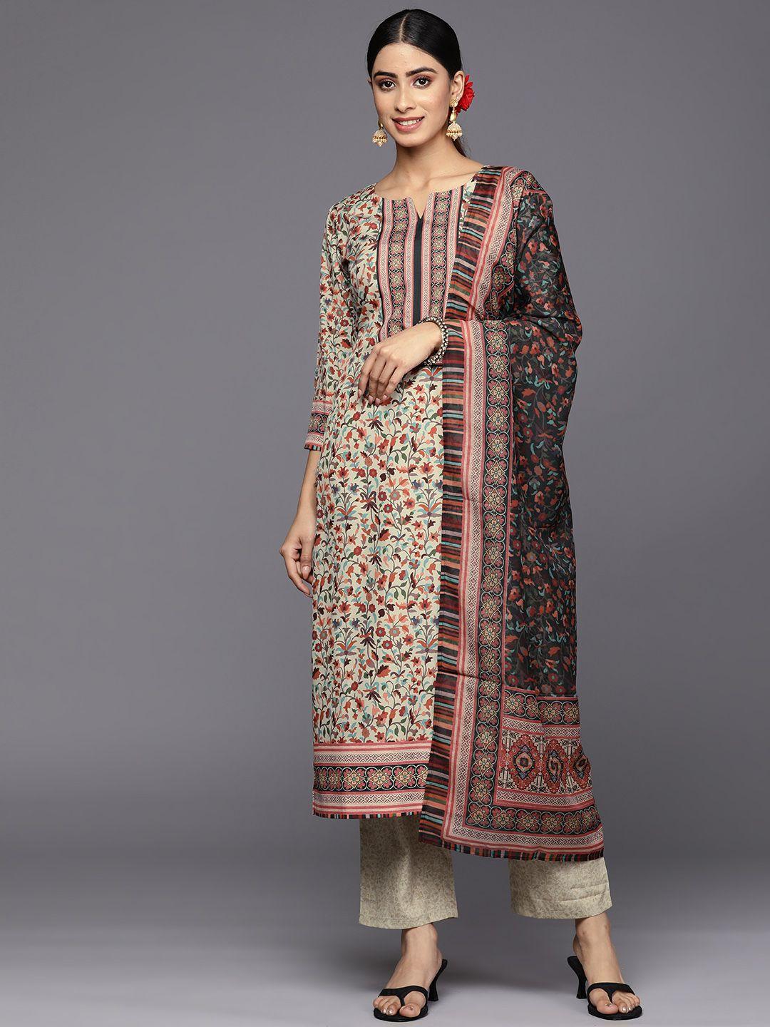 libas women tan floral printed kurta with trousers & with dupatta