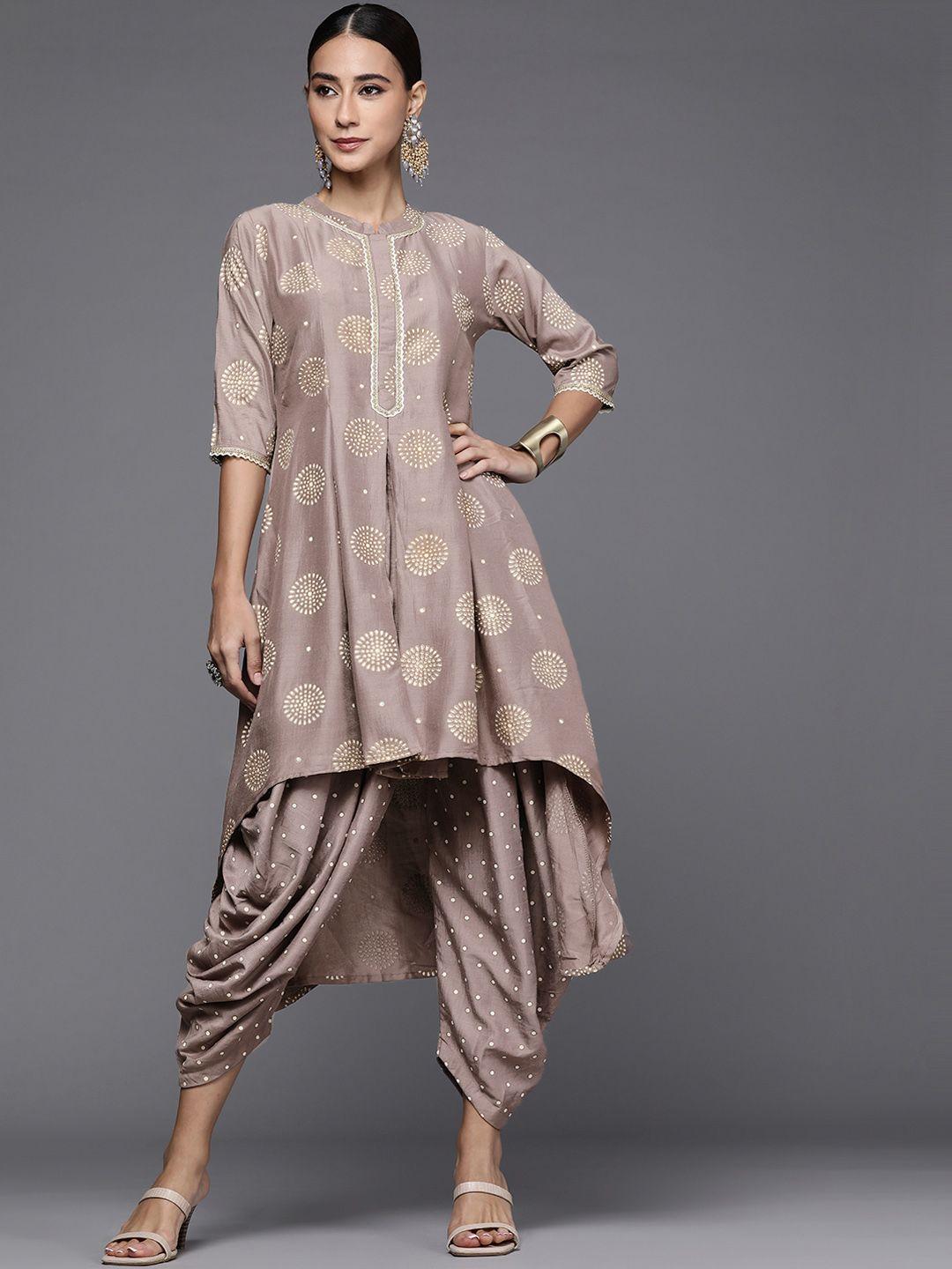 libas women taupe & golden printed kurta with harem pants