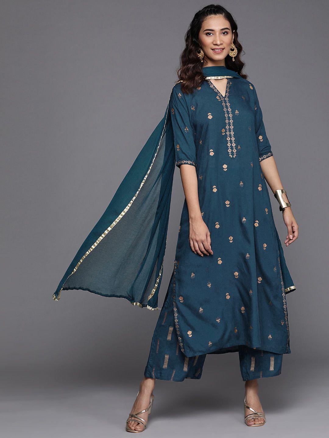 libas women teal blue & golden printed kurta with palazzos & dupatta