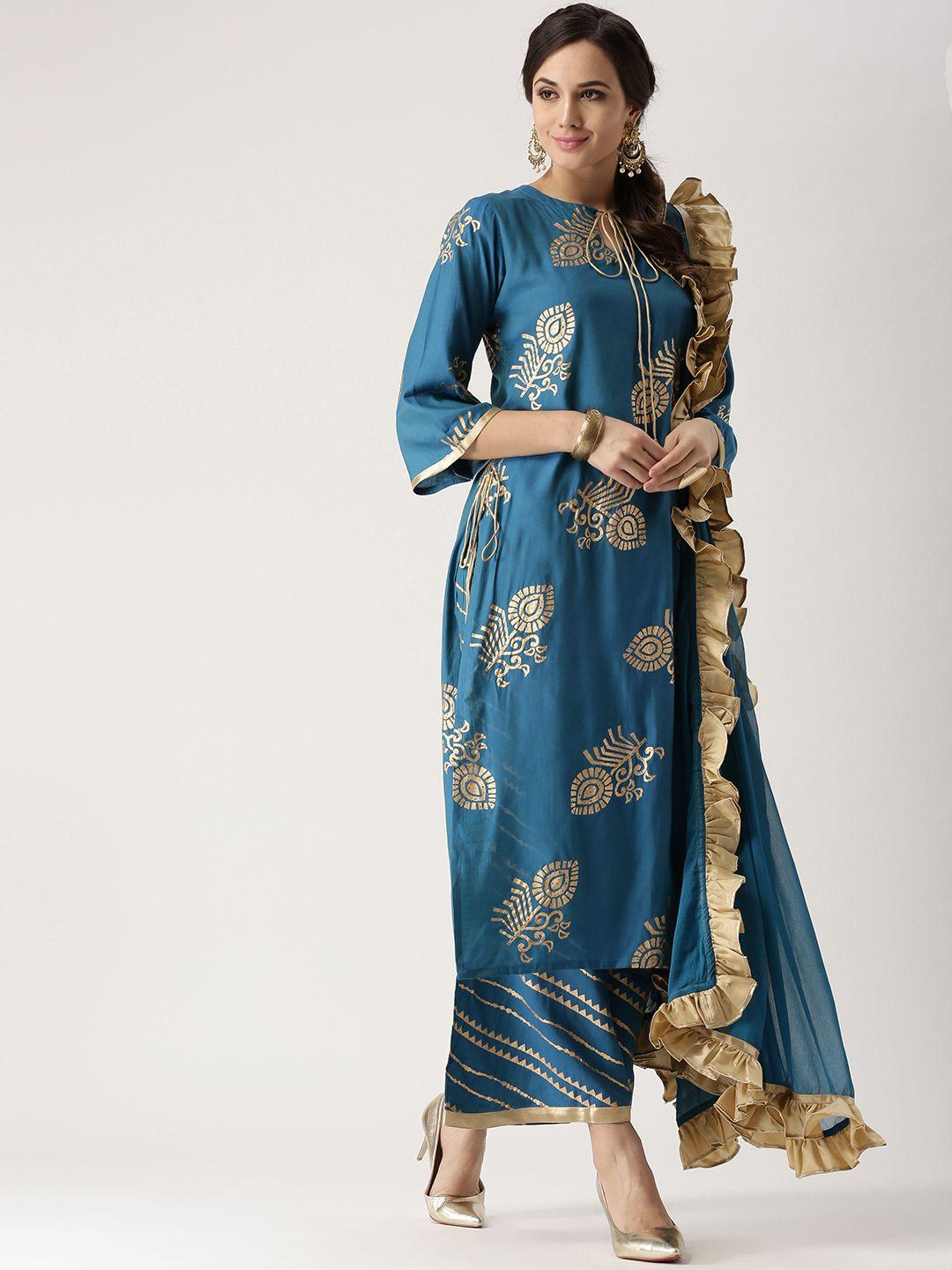 libas women teal blue & golden printed kurta with palazzos & dupatta