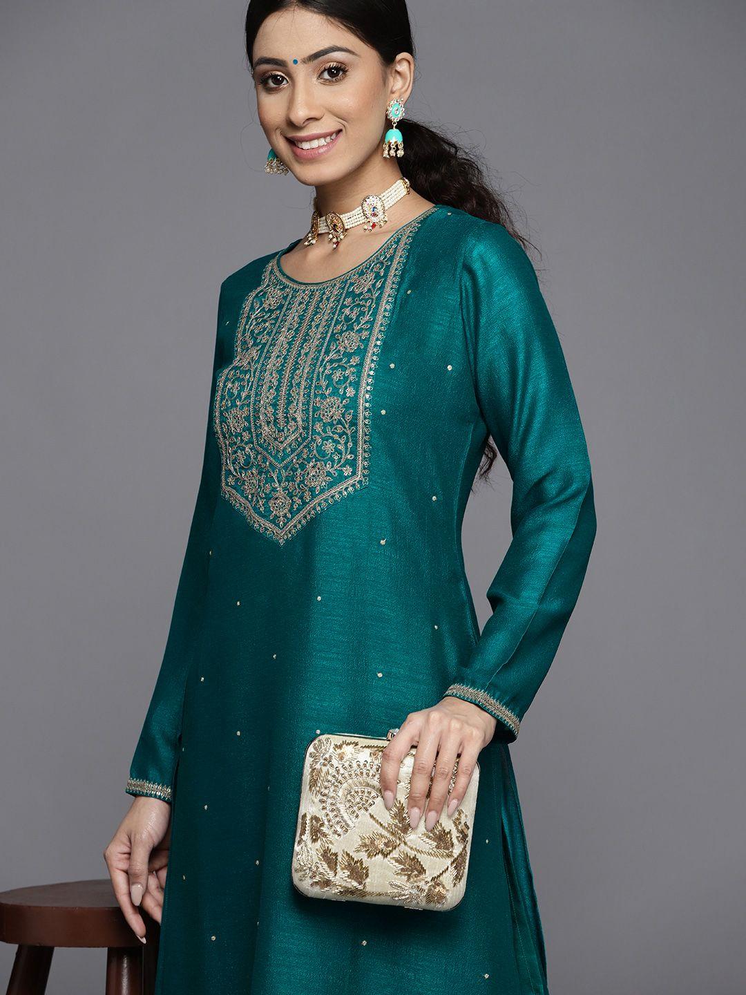 libas women teal blue & golden yoke design kurta