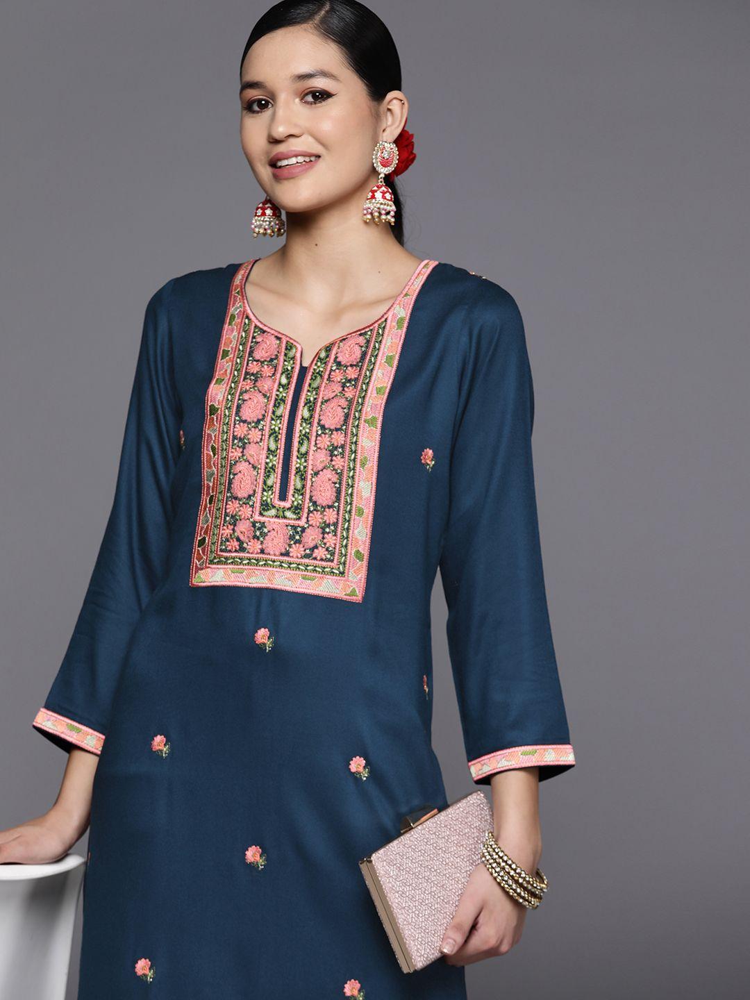 libas women teal blue & peach-coloured floral motifs yoke design embroidered kurta