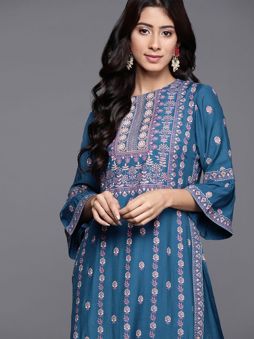 libas women teal blue & pink ethnic motifs printed bell sleeves chanderi silk kurta