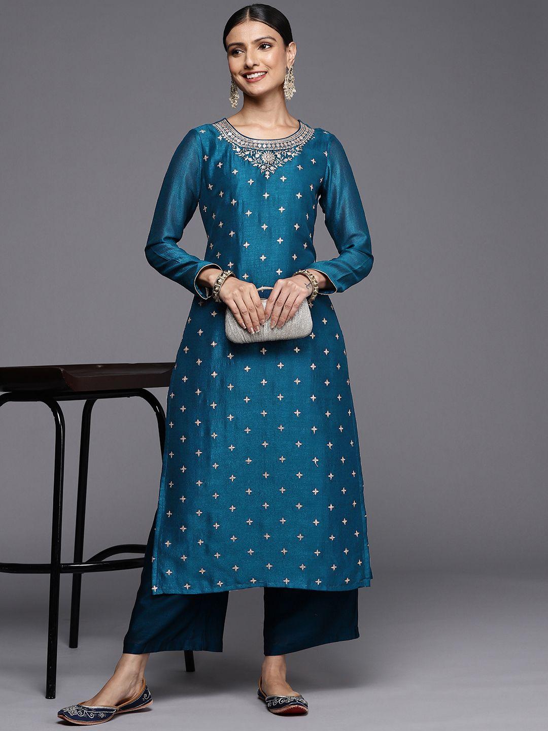 libas women teal blue embroidered kurta