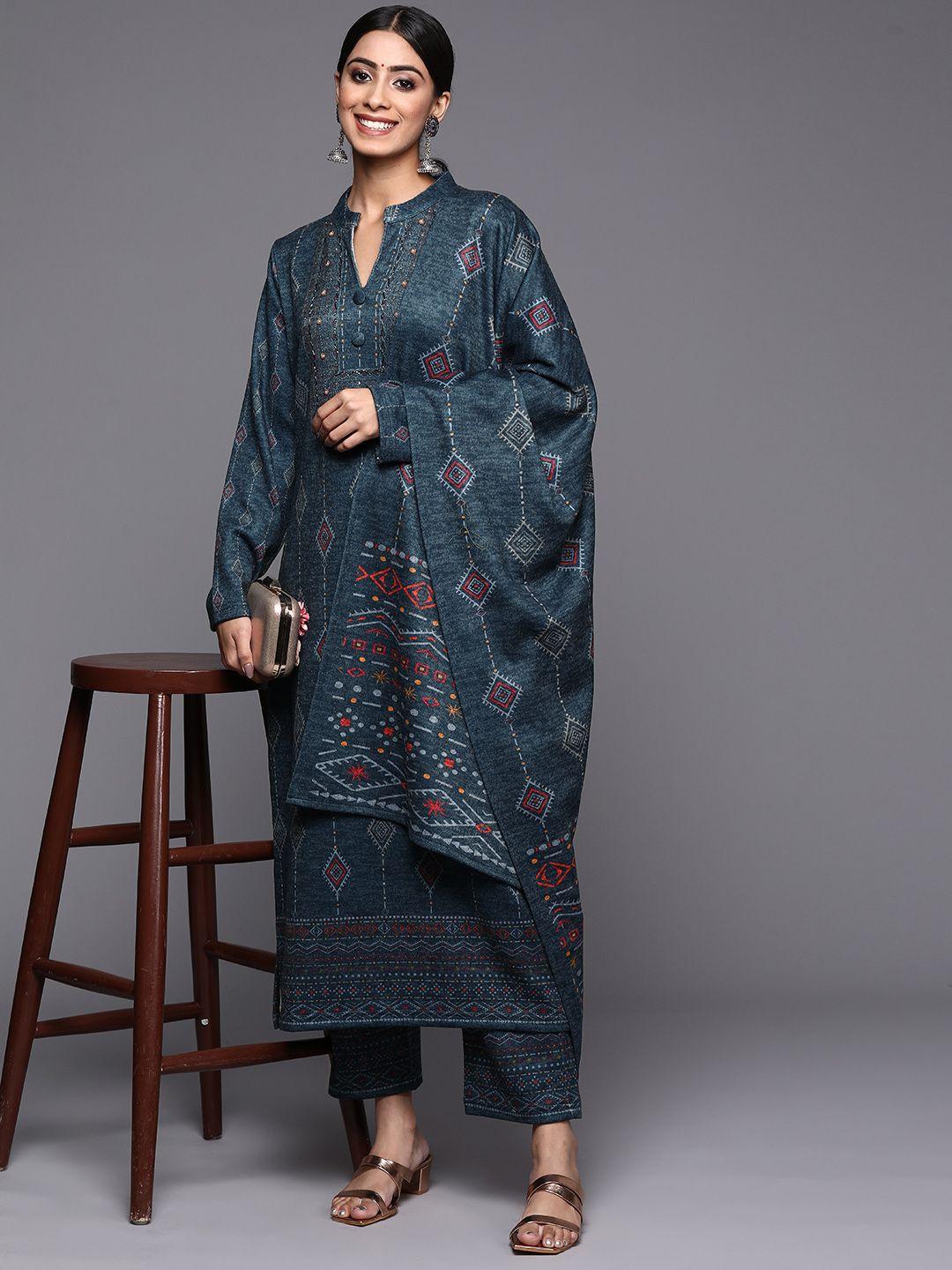 libas women teal blue printed sequinned wool kurta with trousers & dupatta